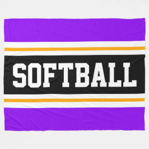 SOFTBALL Fun Bright Purple Black Athletic Stripes Fleece Blanket
