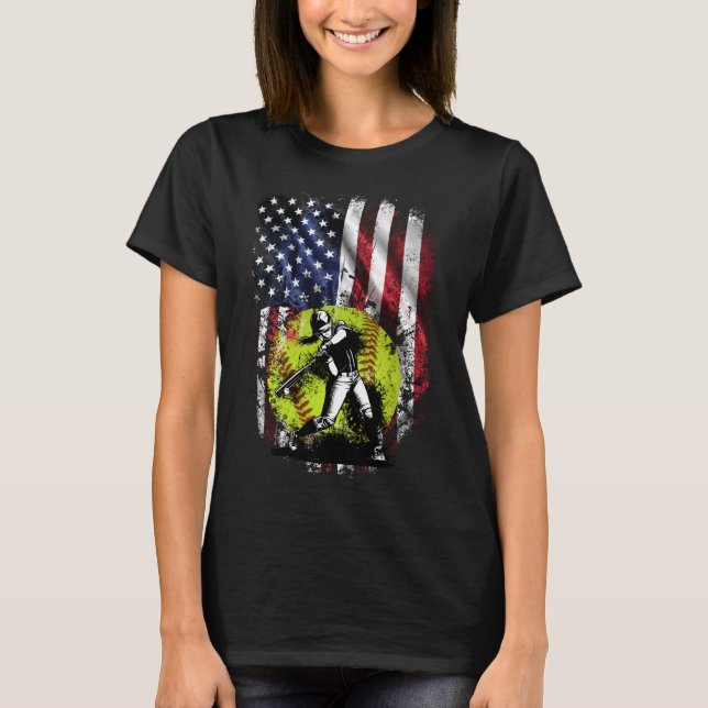 Softball Girl American Flag - 4th of July Sports  T-Shirt (Front)