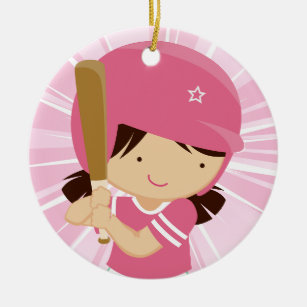 Softball Girl Batter in Pink and White Ceramic Tree Decoration