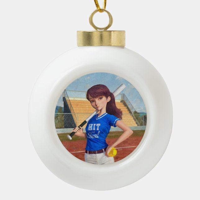 Softball Girl Ceramic Ball Christmas Ornament (Front)