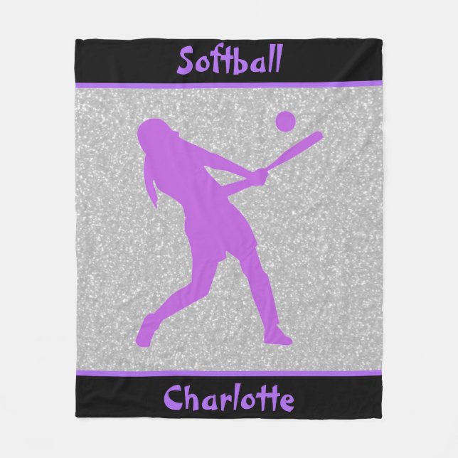 Softball Girls Purple & Silver Sparkle Fleece Blanket (Front)