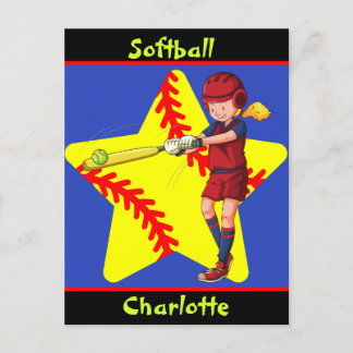 Softball Girls Star Batter Swing Personalised Postcard
