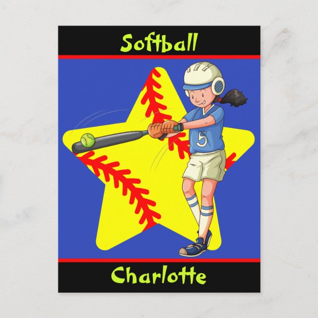  Softball Girls Star Batter Swing Personalised     Postcard (Front)