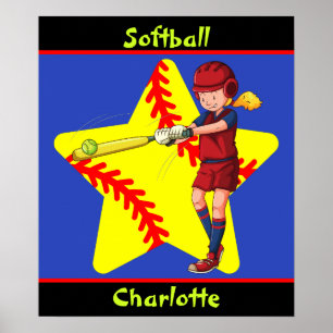  Softball Girls Star Batter Swing Personalised  Poster