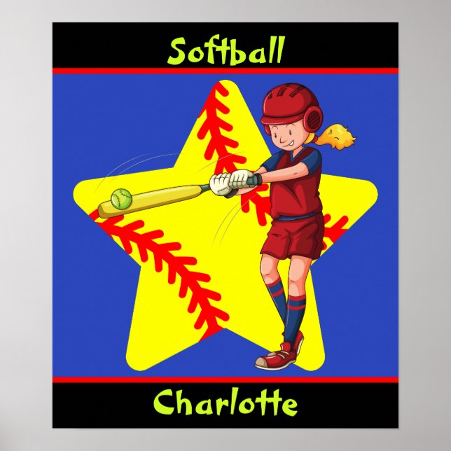  Softball Girls Star Batter Swing Personalised  Poster (Front)