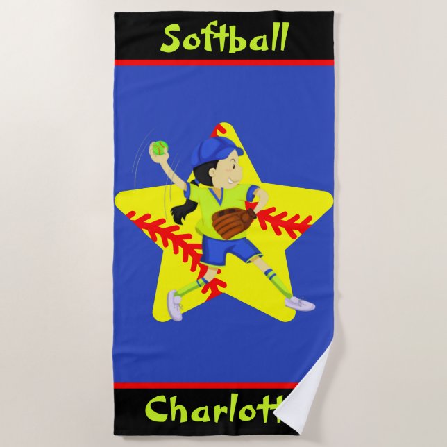  Softball Girls Star Pitcher Personalised  Beach Towel (Front)