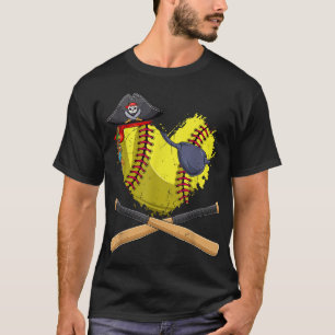 Softball Heart Pirate Hat Jolly Roger Halloween  T-Shirt