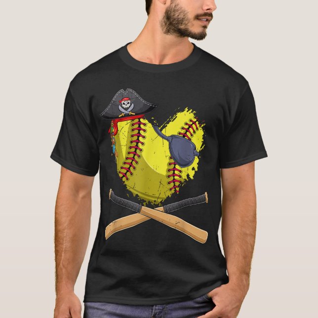 Softball Heart Pirate Hat Jolly Roger Halloween  T-Shirt (Front)