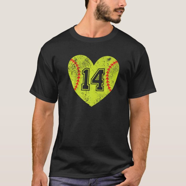 Softball Heart Player 14 Softball Mum Dad Varsity  T-Shirt (Front)