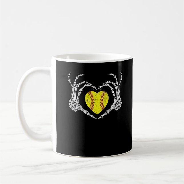 Softball Heart Skeleton Hand Halloween Costume Fun Coffee Mug (Left)