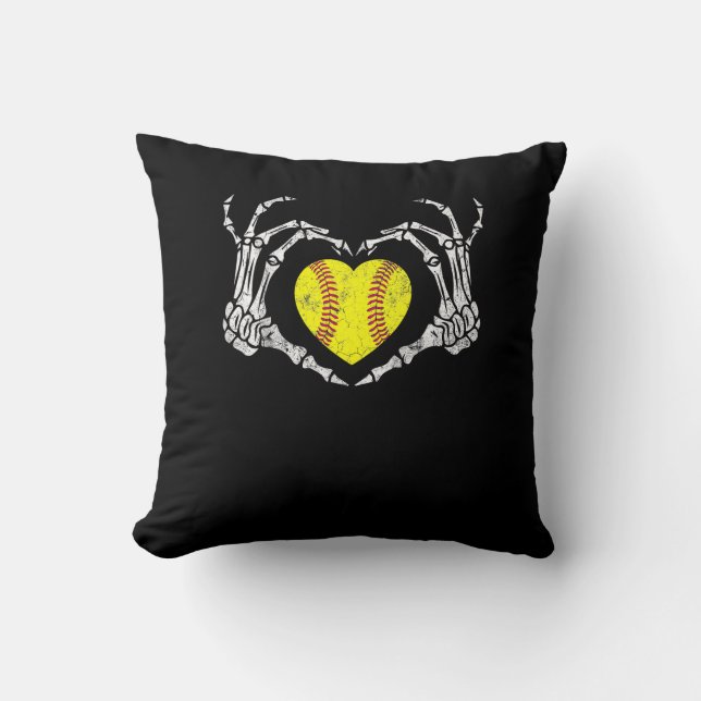 Softball Heart Skeleton Hand Halloween Costume Fun Cushion (Front)