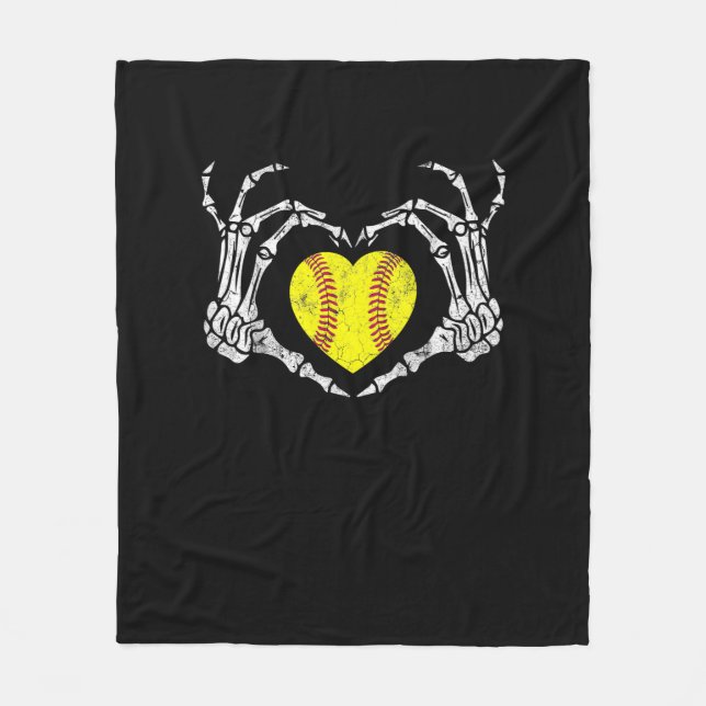 Softball Heart Skeleton Hand Halloween Costume Fun Fleece Blanket (Front)