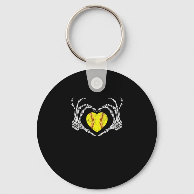 Softball Heart Skeleton Hand Halloween Costume Fun Key Ring (Front)