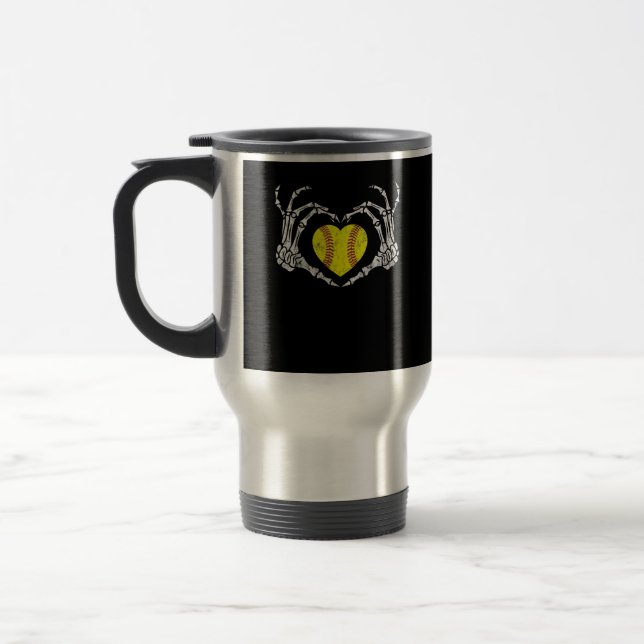 Softball Heart Skeleton Hand Halloween Costume Fun Travel Mug (Left)