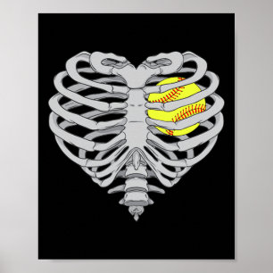 Softball Heart Skeleton Ribcage Halloween Love Sof Poster