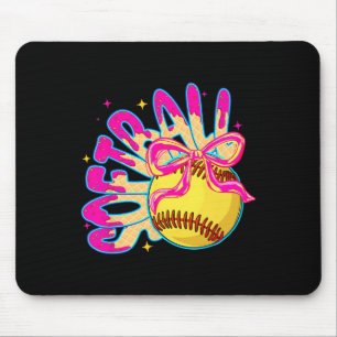 Softball Ice Cream Drip Coquette Bow Girl Softball Mouse Mat