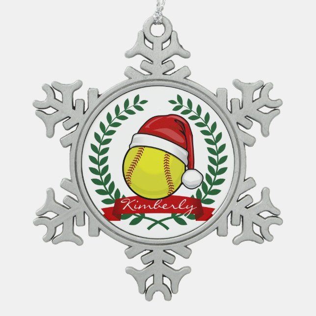 Softball In A Santa Hat Christmas Style Snowflake Pewter Christmas Ornament (Front)