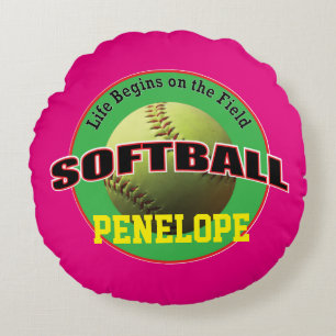 Softball Life on Pink and Green with Text Round Cushion