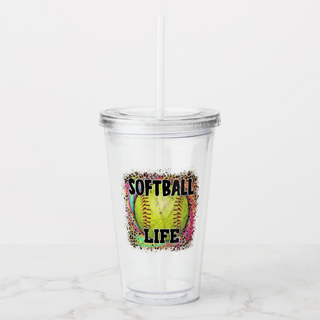 Softball Life Tie Dye Leopard Print Yellow Ball  Acrylic Tumbler (Front)