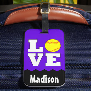 Softball LOVE Custom Name and Colour Cute Bag Tag