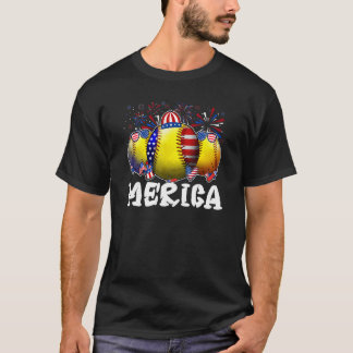 Softball Merica Glasses Fireworks Patriotic 4th Of T-Shirt