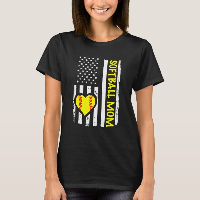 Softball Mom USA Flag Heart T-Shirt (Front)