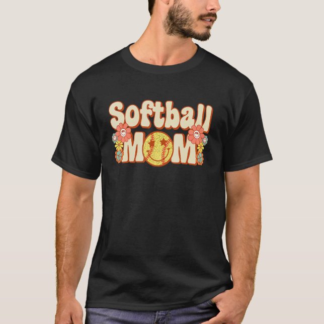 Softball Mum Game Day Vibes Mothers Day Groovy Ret T-Shirt (Front)