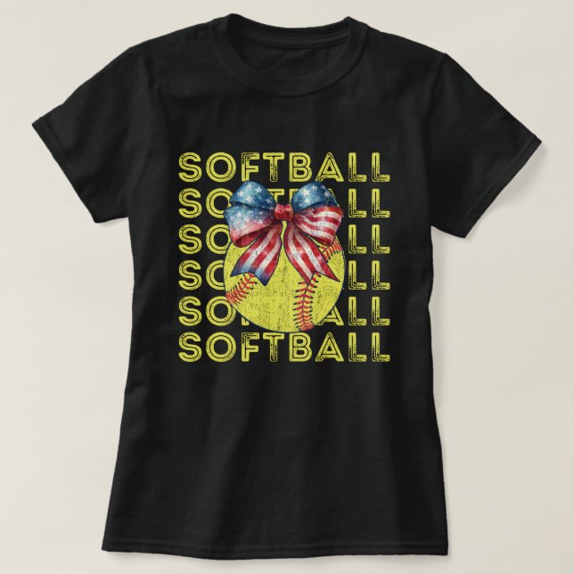Softball Mum Gifts | USA American Flag Softball T-Shirt (Design Front)