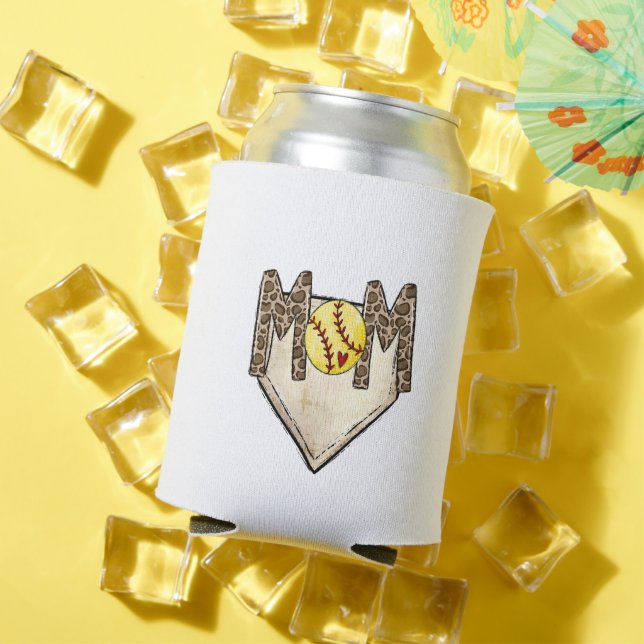 Softball Mum Leopard Home Plate  Custom Number Can Cooler (In Situ Summer)
