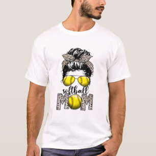Softball Mum Life Leopard Messy Bun Game Day Gifts T-Shirt