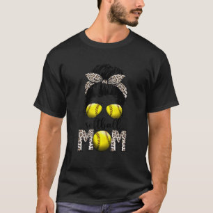 Softball Mum Life Leopard Messy Bun Game Day T-Shirt