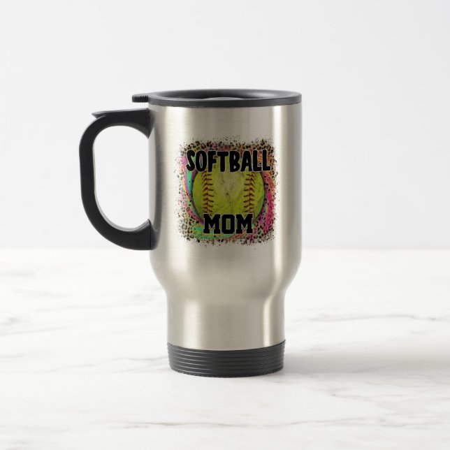 Softball Mum Tie Dye Leopard Print Yellow Ball Travel Mug (Left)