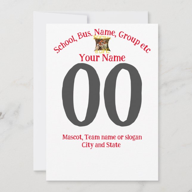 Softball Name Number Team Name City State T-Shirt Invitation (Front)