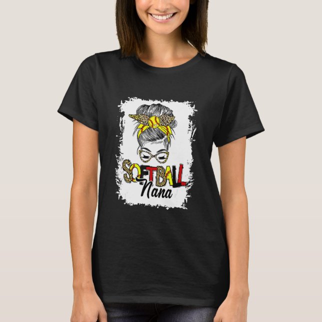 Softball Nana Life With Leopard Messy Bun Mother's T-Shirt (Front)