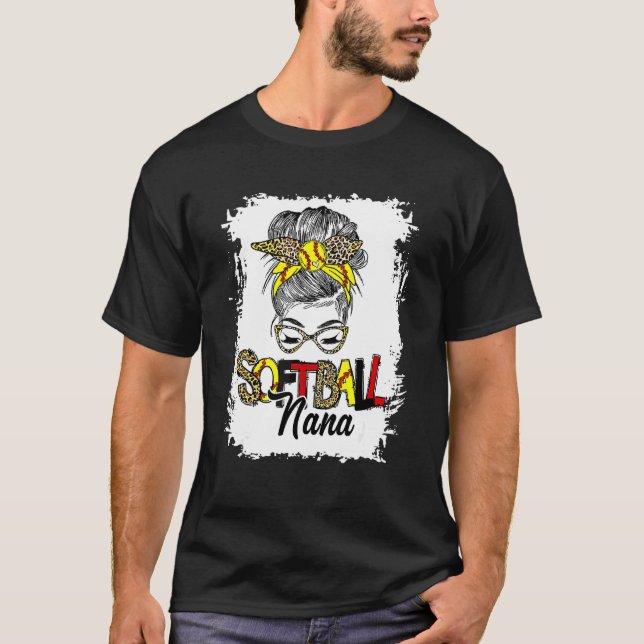 Softball Nana Life With Leopard Messy Bun Mother's T-Shirt (Front)