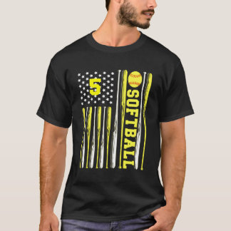 Softball Number 5 Five Usa Flag Yellow Bats T-Shirt