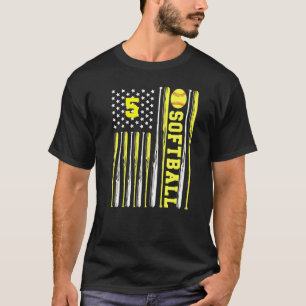 Softball Number 5 Five Usa Flag Yellow Bats T-Shirt