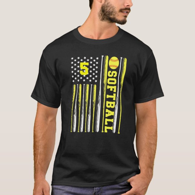 Softball Number 5 Five Usa Flag Yellow Bats T-Shirt (Front)