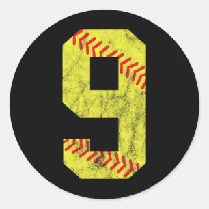 Softball Number 9 Nine 9th Birthday Classic Round Sticker