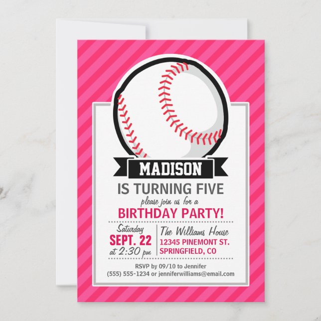 Softball on Pink Stripes Invitation (Front)