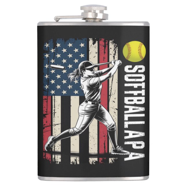 Softball Papa American US Flag Hip Flask (Front)