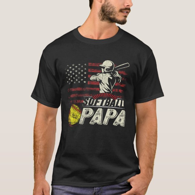 Softball Papa US Flag Gifts For Papa Patriotic Fat T-Shirt (Front)