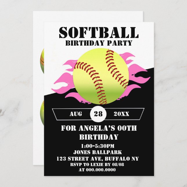 Softball Pink Fire Birthday Party  (Front/Back)