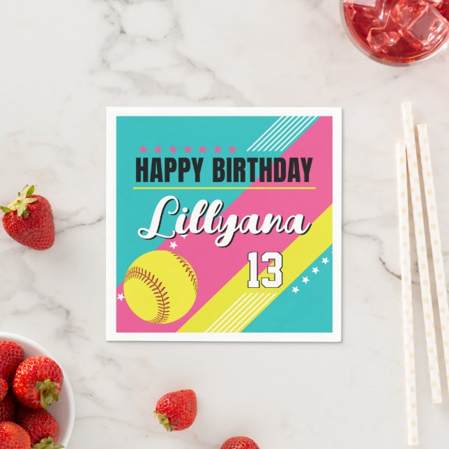 Softball Pink Teal Yellow Birthday Party, Any Age Napkin (Insitu)
