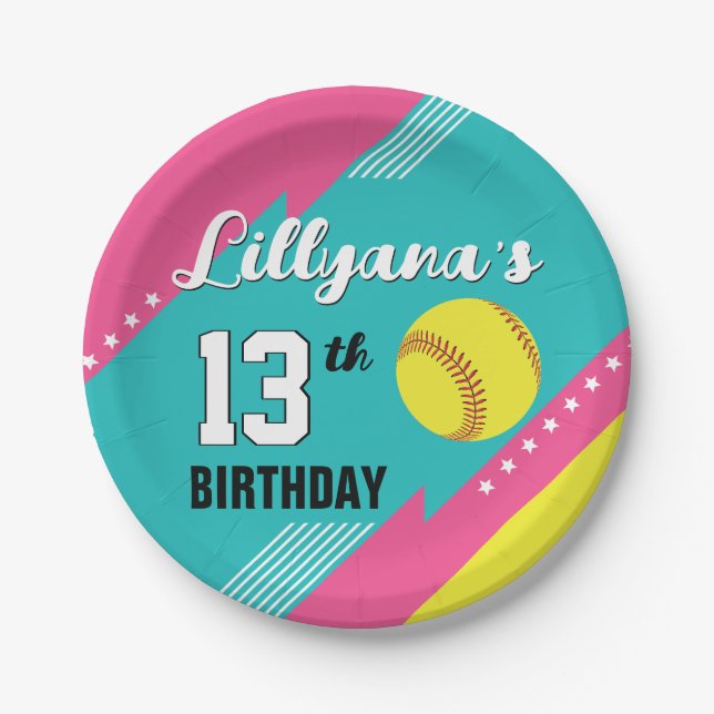 Softball Pink Teal Yellow Birthday Party, Any Age Paper Plate (Front)