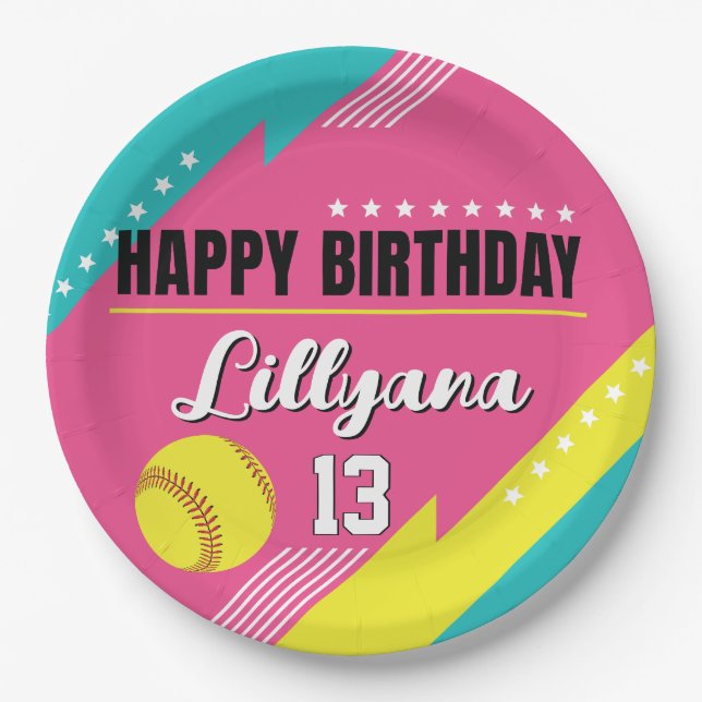 Softball Pink Teal Yellow Birthday Party, Any Age Paper Plate (Front)