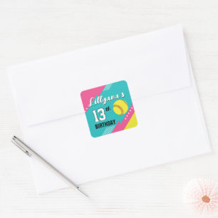 Softball Pink Teal Yellow Birthday Party Envelope Square Sticker