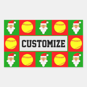 Softball Player Christmas Santa Custom Name / Text Rectangular Sticker