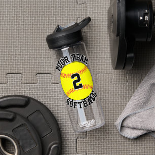 Softball Player Custom Team Name and Jersey Number Water Bottle