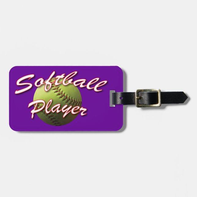Softball Player on Purple Luggage Tag (Front Horizontal)